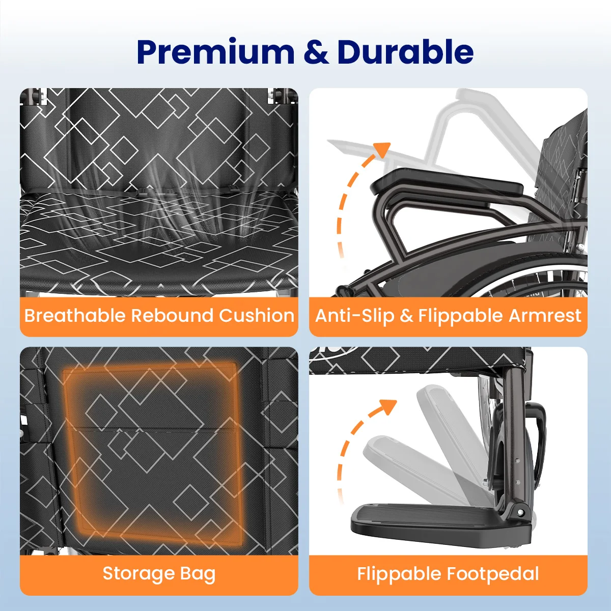 Transport Wheelchair, Portable and Folding, with Adjustable Folding Armrests