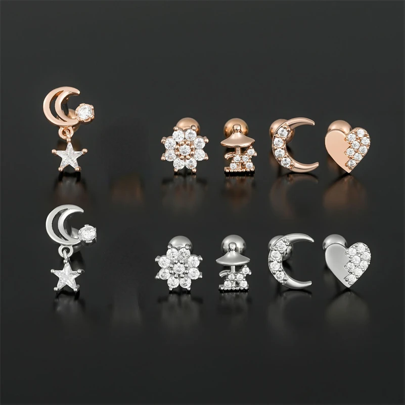 One Piece Zirconia Moon Star Heart Piercing Screw Stud Earrings for Women Girls Fashion Jewelry Summer Sweet Fancy Party