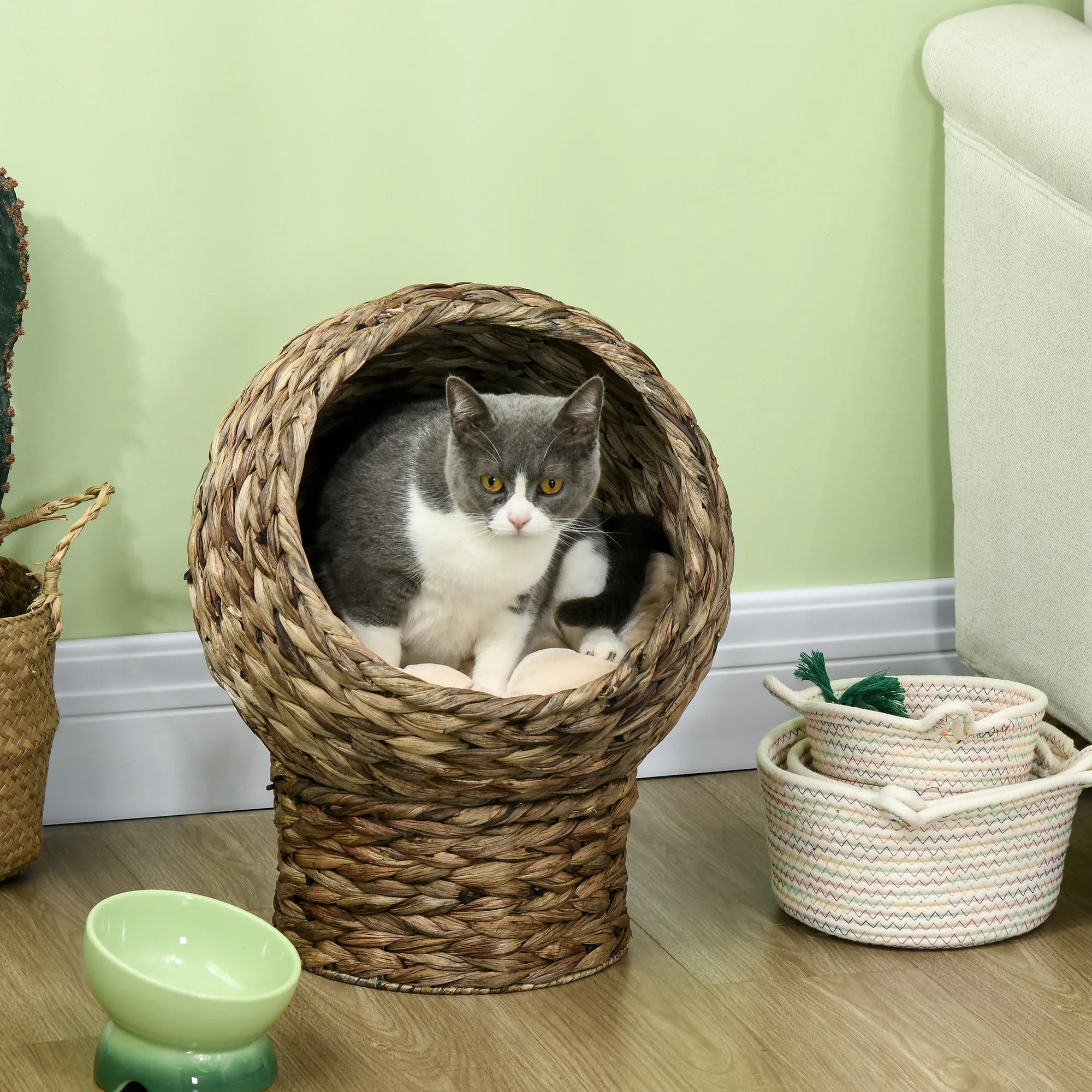 PawHut kattenbed, gezellig verhoogd slaapgedeelte voor katten, kattengrot, optimaal comfort, dimbaar. 40L x 37l x 51H cm, inclusief beige fluwelen kussen