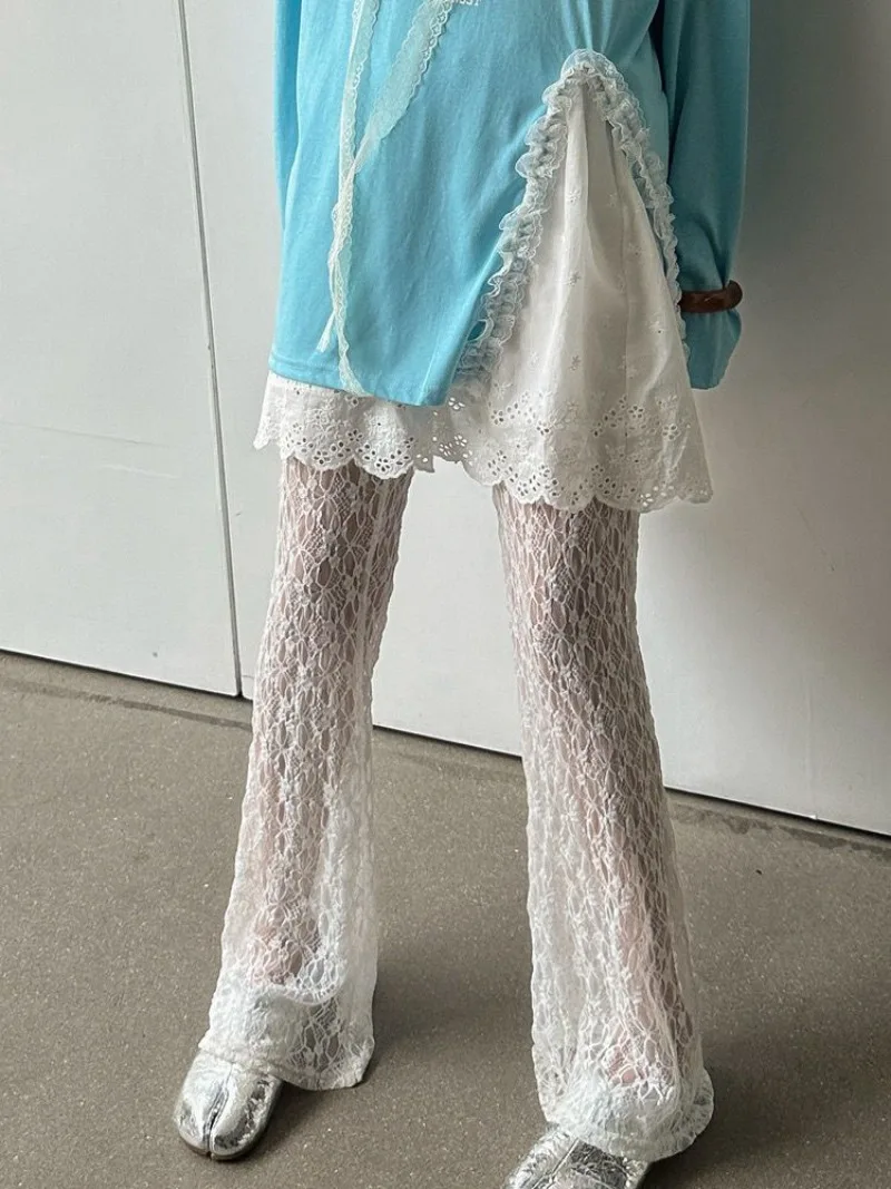 Design Sensitive Lace Mesh Pants for Summer Slim and Versatile Straight Leg High Waisted Hollow Floor Mop Speaker Pants