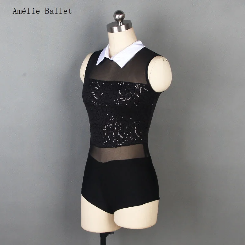 19101 Leotardo de lentejuelas de malla negra, trajes de actuación escénica de Jazz y Hip Hop para mujeres y niños, ropa de baile sin mangas, falda