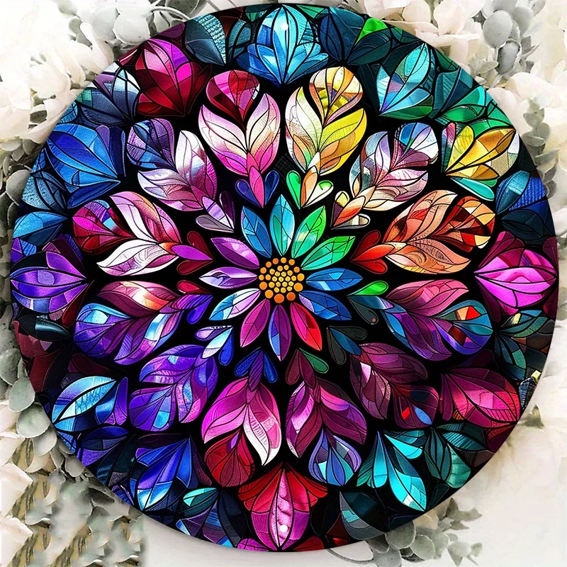 Round Aluminum Metal Sign with Stained Glass Flower, Mandala Design, Weather Resistant, HD Printed Door Hanger, Wall Home Decor