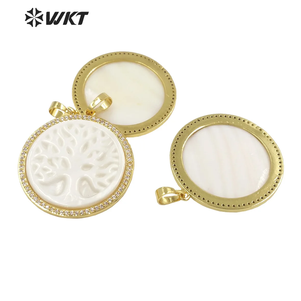 WT-MP269 New Design White Mother Of Natural Shell Tree Pendant With Round Cubic Zircon 18k Gold Plated Lady Lucky Charms