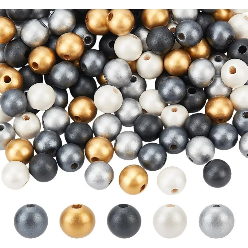 

150pcs 5 Colors Metallic Wooden Beads for Christmas 16mm Farmhouse Round Loose Spacer Beads Large Hole Wooden Craft Beads