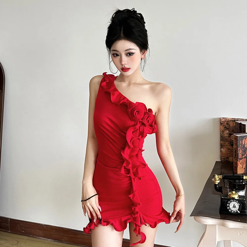 

SylCue 3D Flower Mini Dress Women Off Shoulders Irregular Patchwork Ruched Ruffles Hip-Covering Versatile Style Elegant Outfits