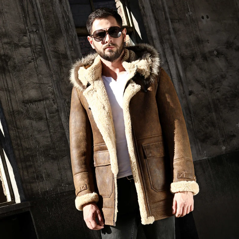 

New Safari Jacket Winter B3 Air Force Thickened Sheepskin Fur Mens Shearling Coat Long Hooded Genuine Leather Clothes Overcoat