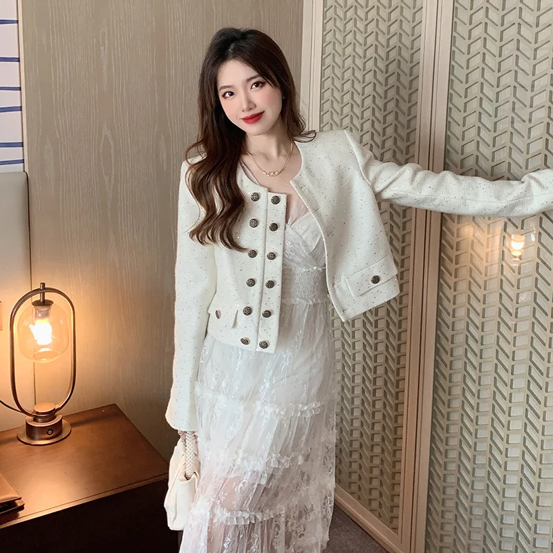 

Твидовый жакет женский с длинным рукавом, весенний, для кампуса, с круглым вырезом, двусторонний, с панелями, со спущенным плечом, с множеством карманов, фактурный, повседневный