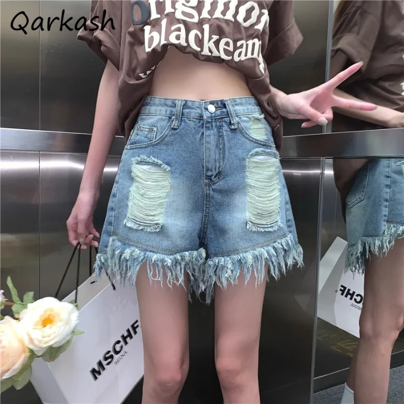 

Shorts Women Denim Design Hole Retro Fashion Raw Edge Loose Washed Casual Streetwear Hotsweet Youthful Korean Style Charming New