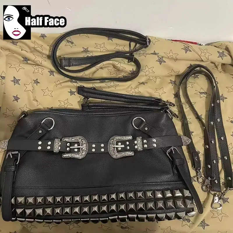 Y2K Girl Harajuku Gothic Handbags Carved Leather Buckle Large Capacity Punk One Shoulder Fashion Rivet Women Crossbody Bags Tote