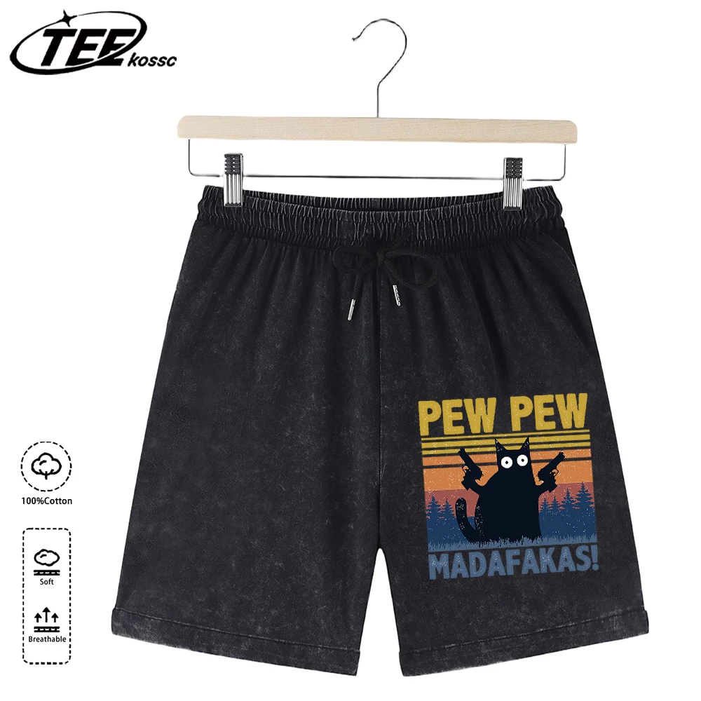 

Pew Pew Madafakas A Cat Holding A Handgun Prints Men Washed Fashion Shorts Casual Soft Short Pant Breathable Loose Cotton Pants