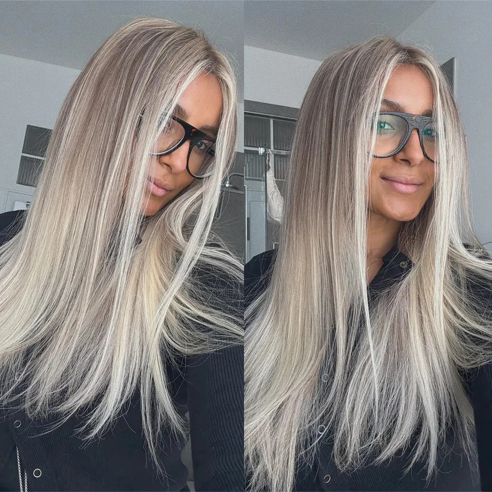 Ash Blonde Highlighted HD Lace Wig Straight Synthetic Hair High Quality Futura Wig Glueless Lace Front Wig for Ladies Party Use