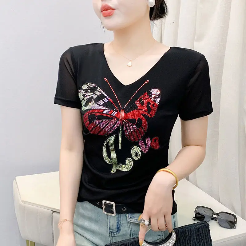 Summer New V-neck Butterfly Crystal Pleated Design Short-sleeved Top Casual and Fashionable Versatile Q92