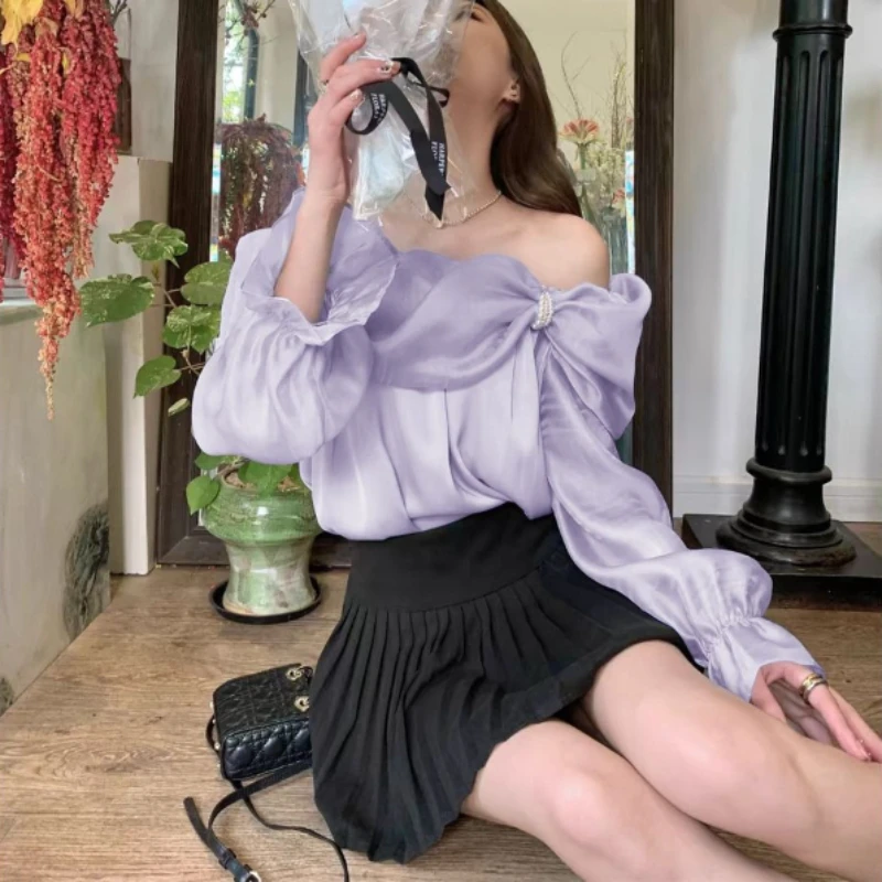 

Women's 2026 Summer New Textured Off Shoulder Chiffon Mesh Long Sleeve Top Loose Versatile Slimming Korean Chic Sweet Y2K