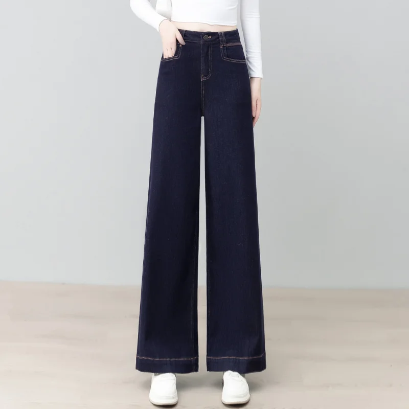 Ciemnoniebieskie modne jeansy damskie, jesienne nowości, wysoki stan, luźne, elastyczne, proste spodnie o szerokich nogawkach dla niskich kobiet, styl casual.