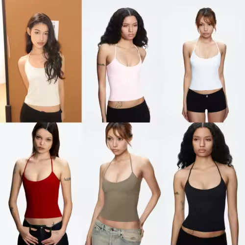 Tank Women's Open-Back Stretchy Camisole Top with Metal Accessories and Self-Tie Shoulder Straps, Low-Neck Sexy Halter Top - Image 3