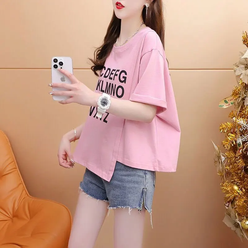 

plus Size Women's Asymmetric Pure Cotton Short Sleeve T-Shirt Summer Loose Small Size Short Style Korean Version Commute Style