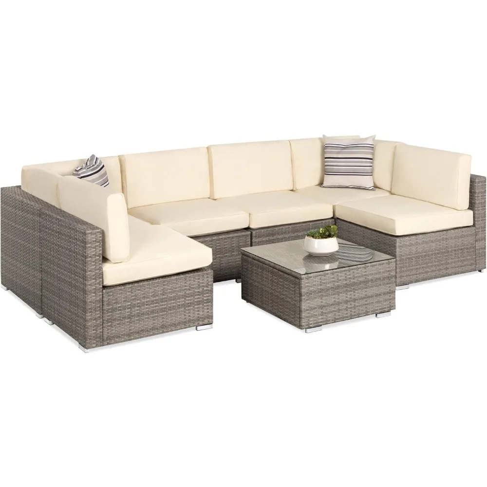 

7-Piece Modular Outdoor Sectional Wicker Patio Conversation Set w/ 2 Pillows, Coffee Table, Cover Included - Gray/Cream