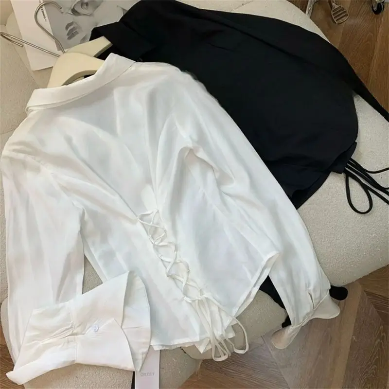 

Fashion Lace Up Women Shirts Korean Slim Bell Sleeve White Blouse Spring New Streetwear All Match Ladies Button Tops Camisas