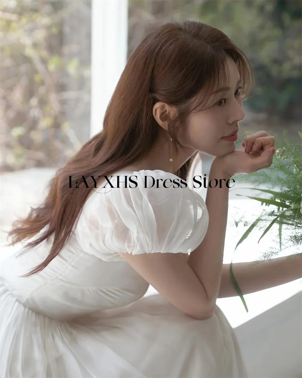 فساتين زفاف من التل العاجي لالتقاط الصور الكورية وياقة مربعة وأكمام قصيرة منتفخة فستان زفاف مشد مع ذيل ذاكرة الزفاف مخصصة #3