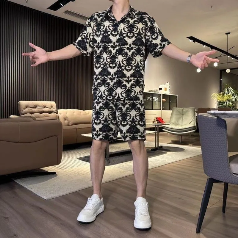 

New Summer Men Shirt Shorts Set Versatile Short Sleeve Fashionable Casual Loose Fit Thin Light Luxury Trendy Cool Style