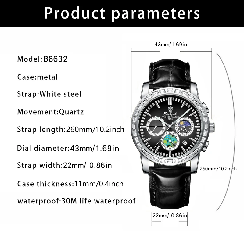 BINBOND ساعة عالية الجودة للرجال الرياضة كوارتز رجل ساعة اليد مقاوم للماء مضيئة كرونوغراف جلدية ساعات رجالية Reloj