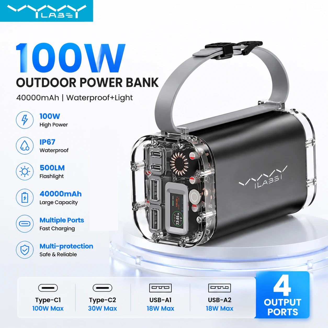 Vyvylabs Power Bank 40000mAh 100W PD Fast Charging Outdoor Waterproof for Laptop iPhone 17 Pro Max Samsung S26 Ultra Xiaomi 15