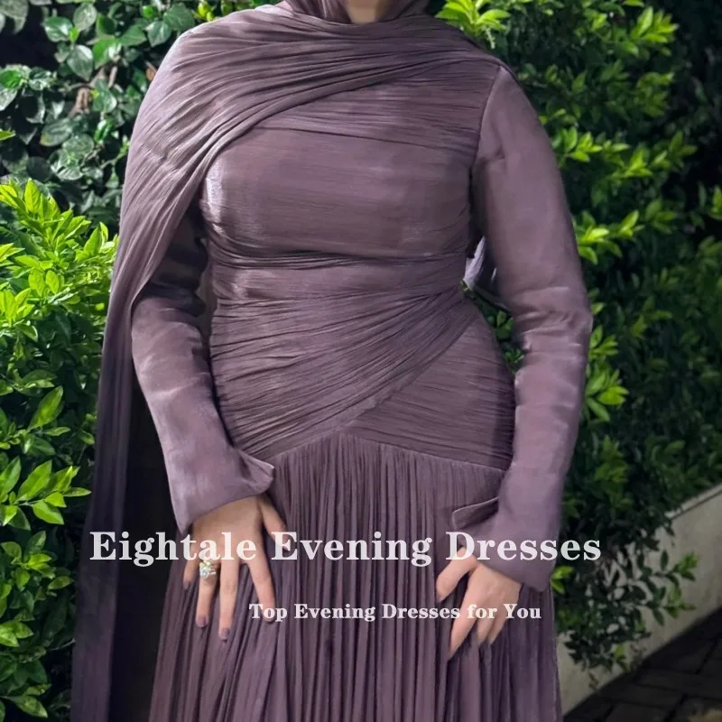 ชุดราตรีอาหรับแบบเอแปตเทล คอทรงโอ จับจีบ ผ้าเครป สีม่วงแบบมุสลิม แขนยาว ทรงเอไลน์ สำหรับงานพรอม งานแต่งงาน และงานเลี้ยงต่างๆ