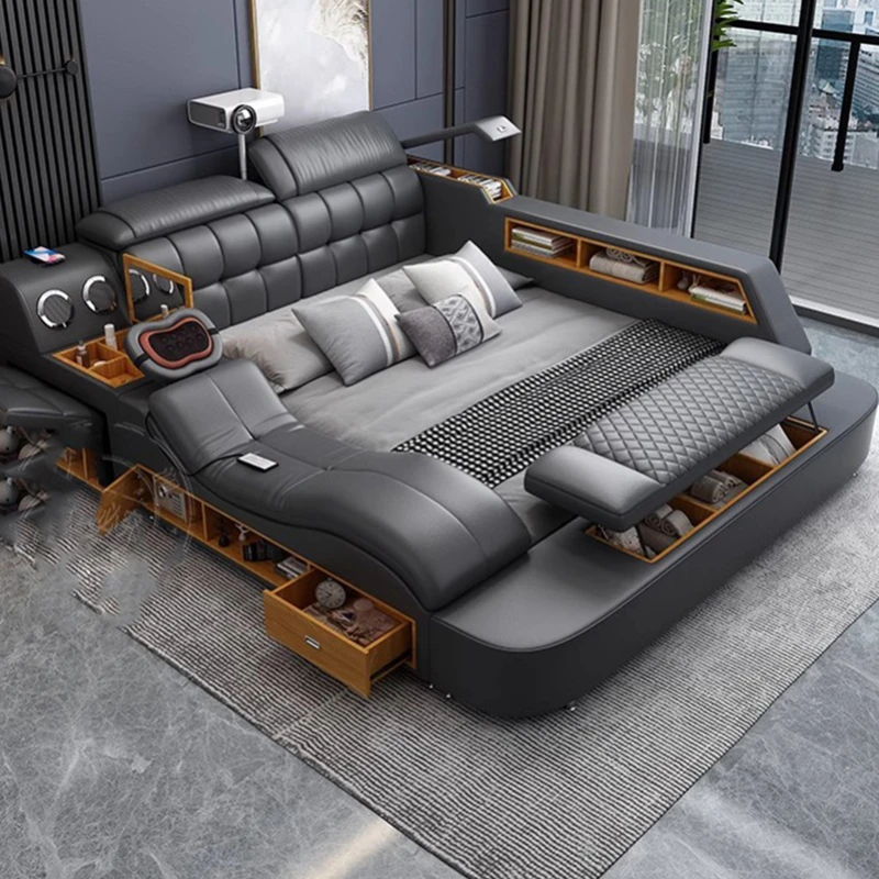 

Двухспальная кровать для хранения, дизайнерская черная многофункциональная кровать для спальни, умное массажное белье, мебель для спальни