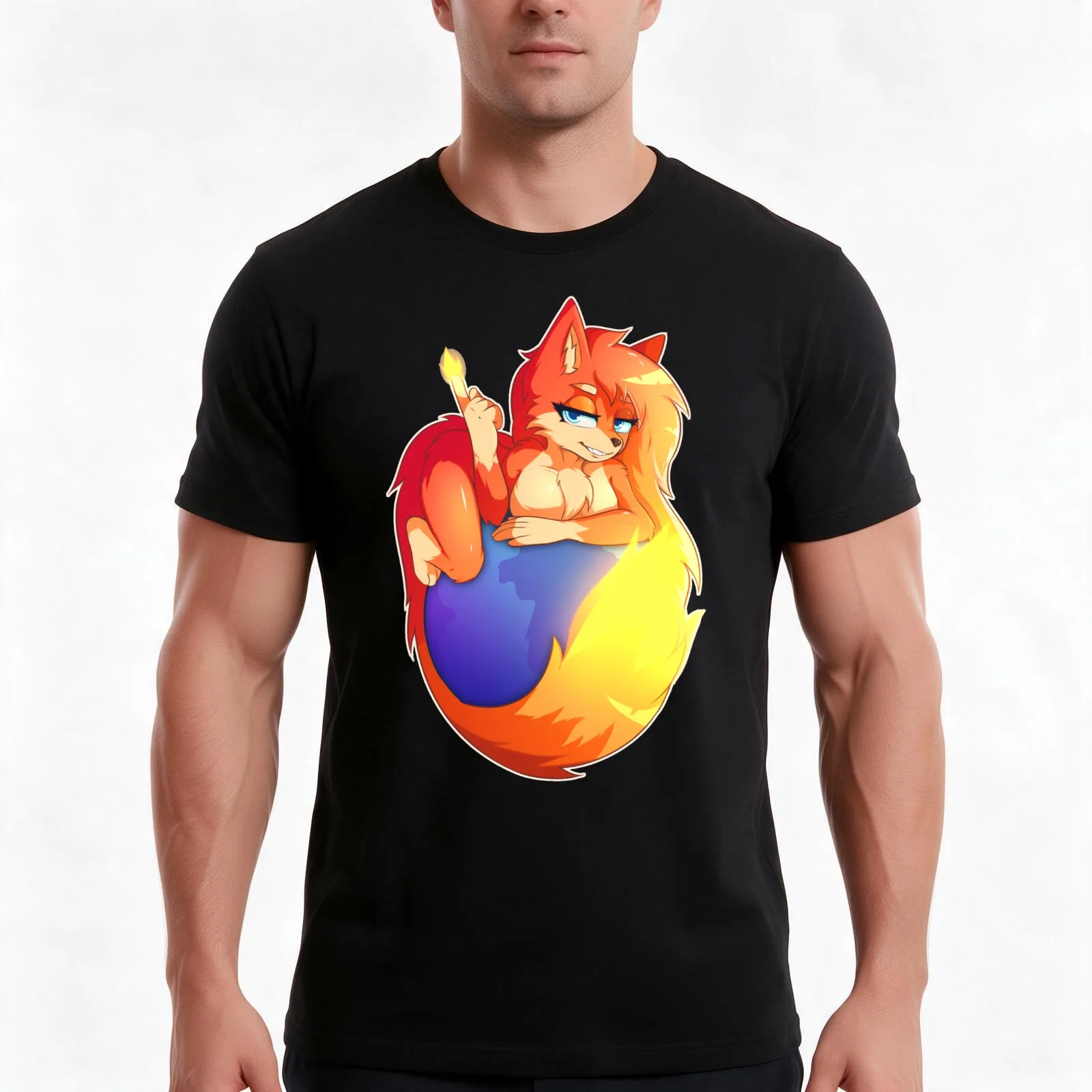 FireFox Furry T-Shirt, Summer Casual Cotton Tee, Oversized Streetwear Tops, Vintage Graphic Print, Loose Fit Short Sleeve