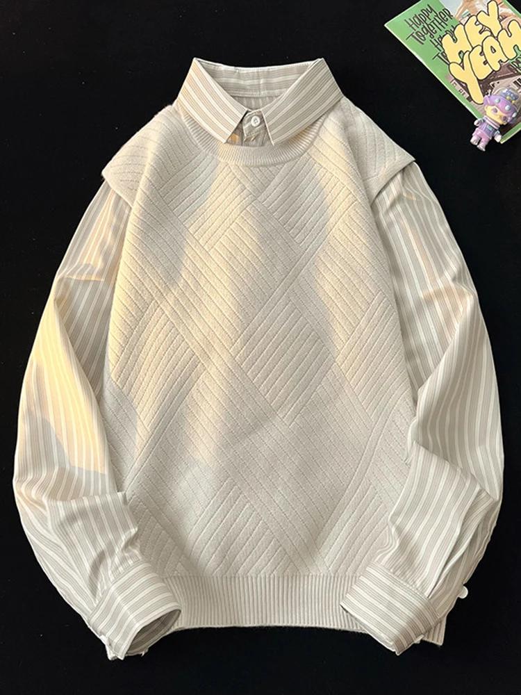 

Мужской свитер оверсайз с воротником-стойкой, осенне-зимний, в полоску, вязаный, имитация двухслойности, модный, свободный, из пряжи, повседневная одежда