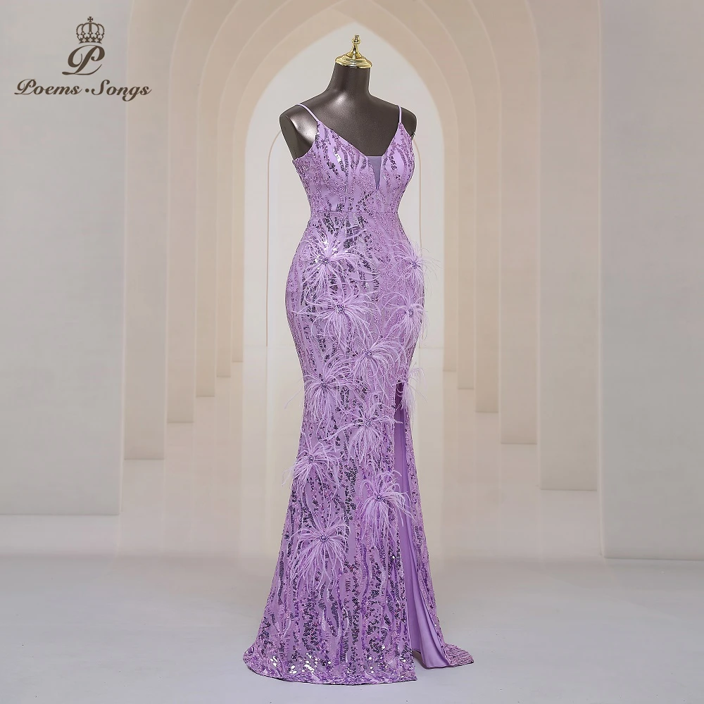 Purple Mermaid Sexy Split Luxury Beaded Feather Evening Dresses Prom Gowns For Woman Wedding Party Maxi dress Bridesmaid dress