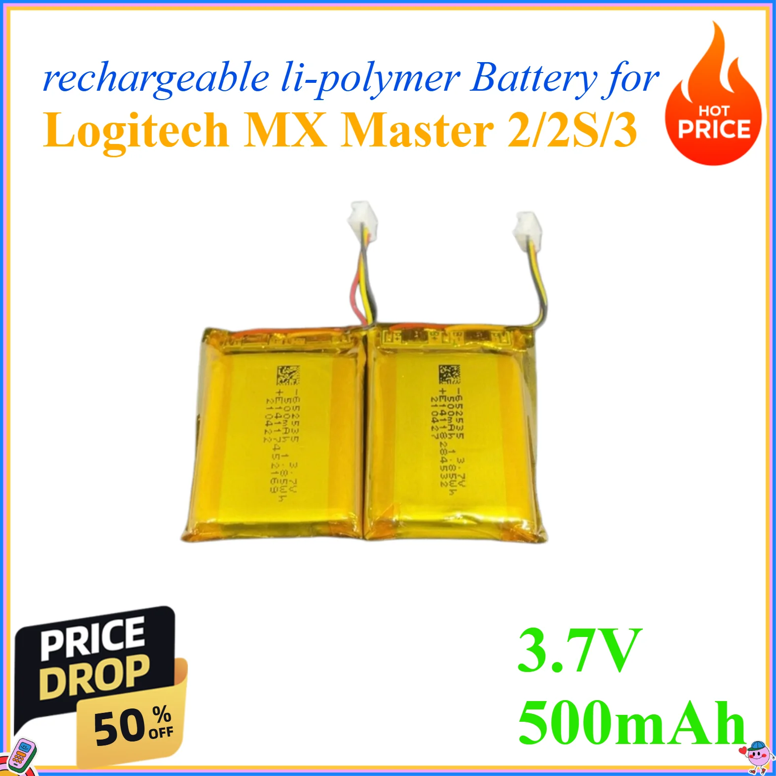 3.7V 500mAh rechargeable li-polymer Battery for Logitech MX Master 2/2S/3
