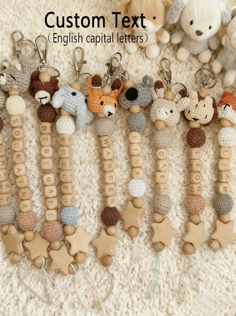 1 PC Custom Plush Animal Wooden Beads Personalized Keychain, Deer/Lion/Bear/Elephant/Fox/Koala, Name Tag, Unique Handmade Gift