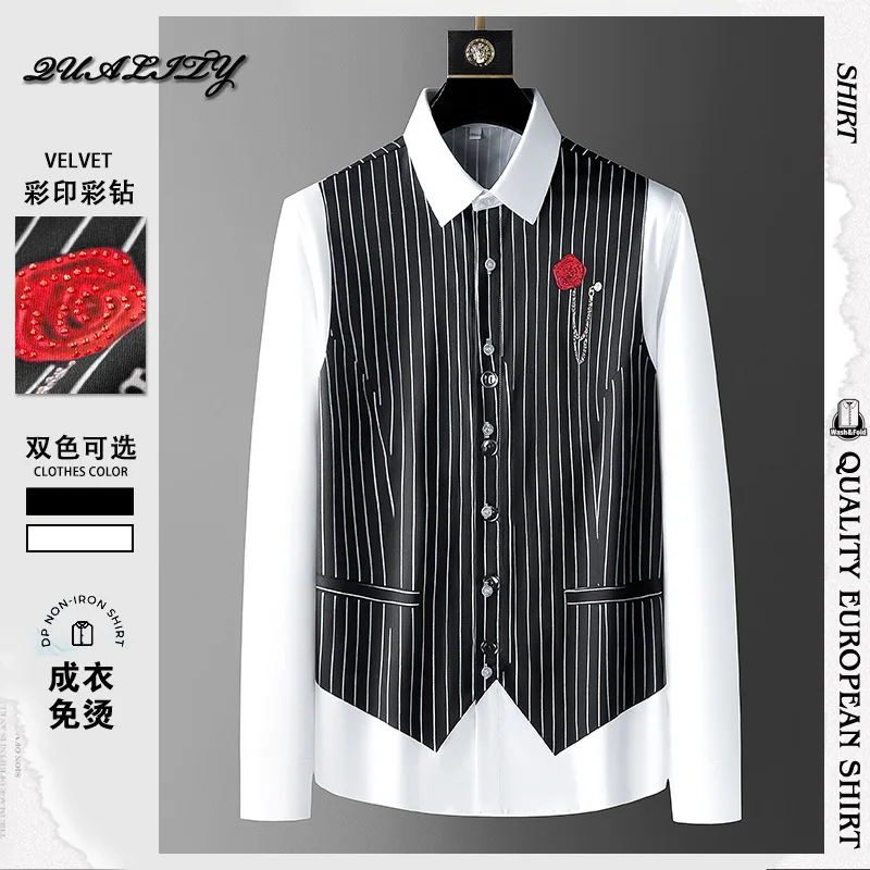 British Style Fake Two Shirts for Men Fashion Long Sleeve Casual Business Shirts Social Party Service Staff Uniform Shirt