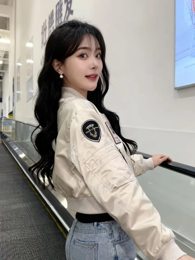 Korean Sle Stand Collar Patch Label Flight Jaet Coat Women Spring Autumn 2026 New Casual Versatile Cotton Thiened Baseb...