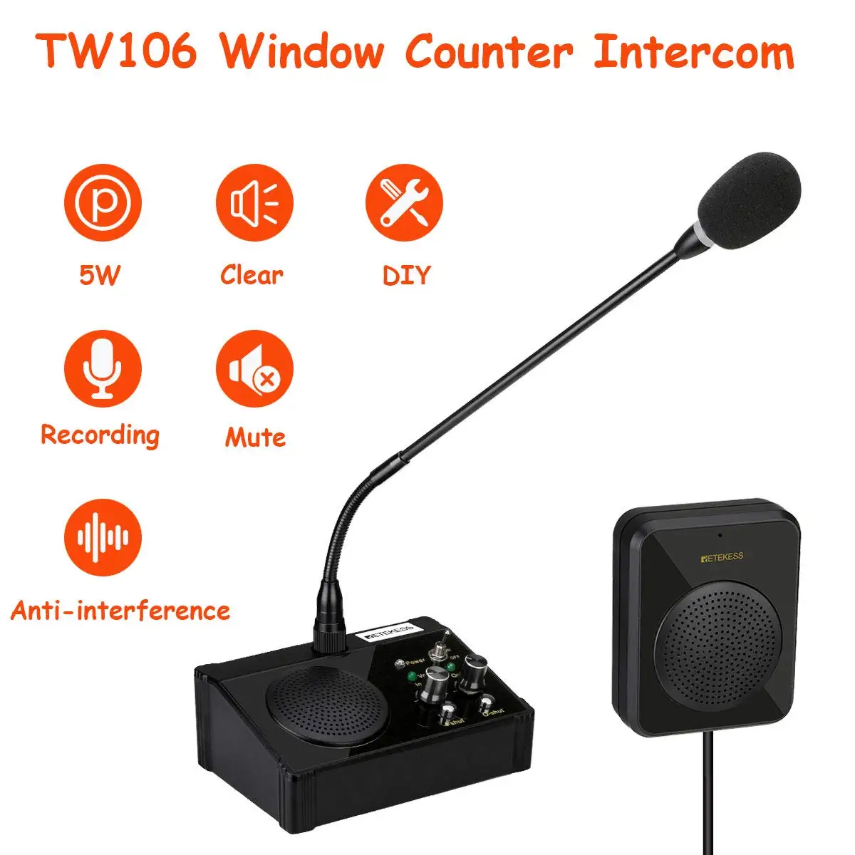 Retekess TW106 5W Dual Way Window Counter Intercom Counter Interphone System For Restaurant Bank Office Store Station Clinic