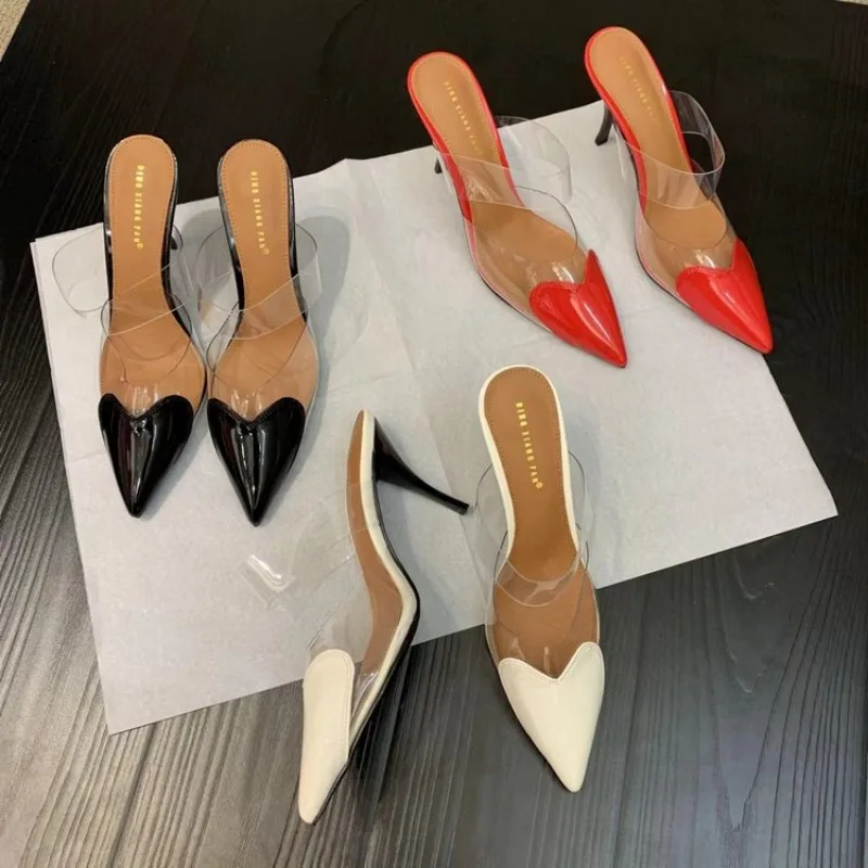 Patent Leather PVC Pumps Stiletto Sandals Pointed Toe PVC Straps Heart Detailing at the Toes High Heel Slippers Wedding Shoes