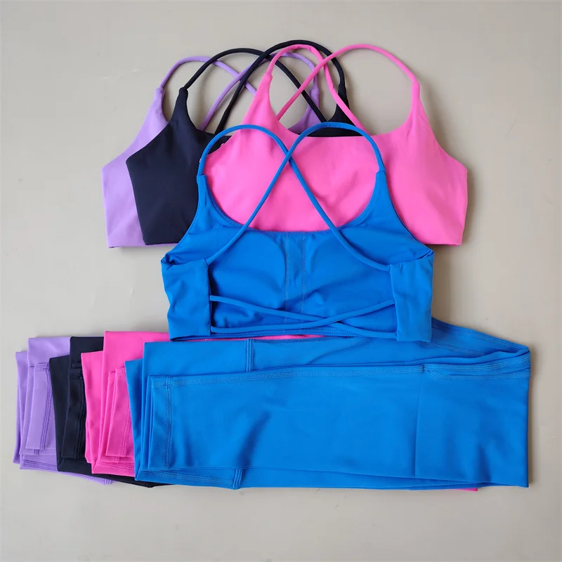 2 Piece Yoga Suit Women Sportswear Pilates Fitness Suit Gym Solid Color Sports Bra Leggings Suit Sex Step Exercise Aerobic Suit