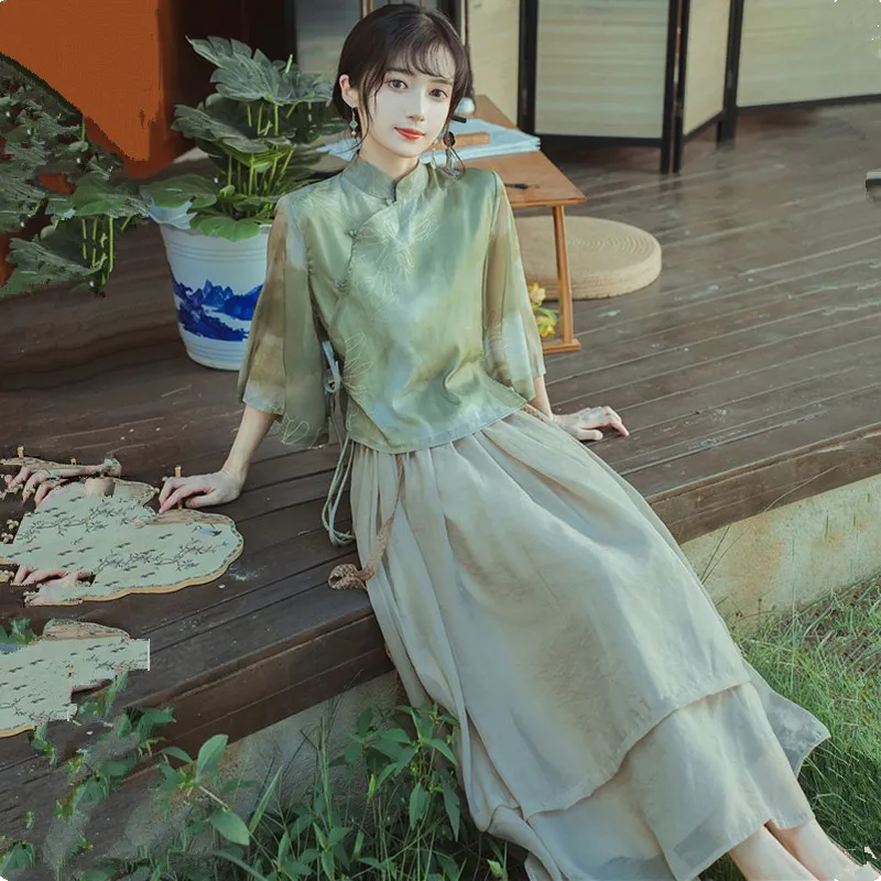 Chinese-style Dress Sets Original Hanfu Chinese Traditional Clothing Two-Piece Dress Women's Suit Summer Outfit Woman 3057