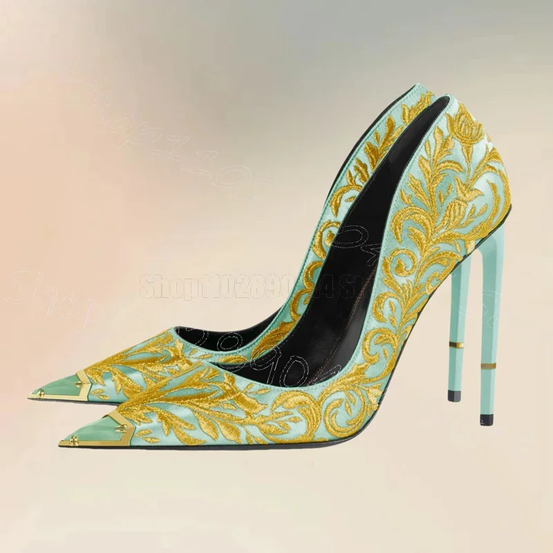 

Foliage Embroidery Design Metal Pointed Toe Pumps Slip On Women Shoes Thin High Heels New Party Banquet 2025 Zapatos Para Mujere