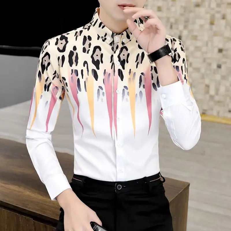 Fashion Lapel Button Spliced Loose Printed Korean Shirt Men\'s Clothing 2022 Autumn New Oversized Casual Tops All-match Shirts