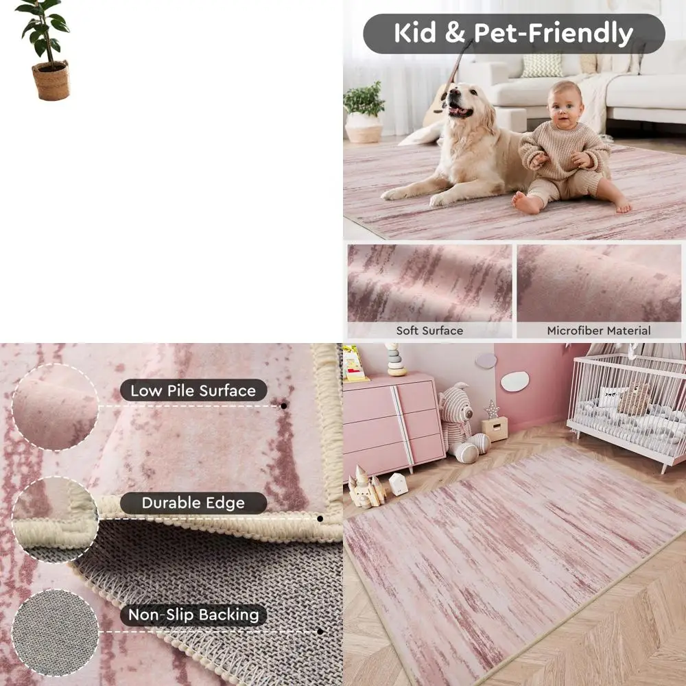 

Ultra Soft 5x7 Pink Area Rugs, Washable and Non-Slip, Ideal for Living Room, Bedroom, Nursery, and Playroom