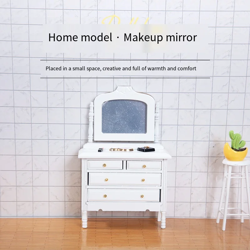 Muebles en miniatura para casa de muñecas, tocador de madera con espejo, decoración de escena de dormitorio artesanal, 1:12