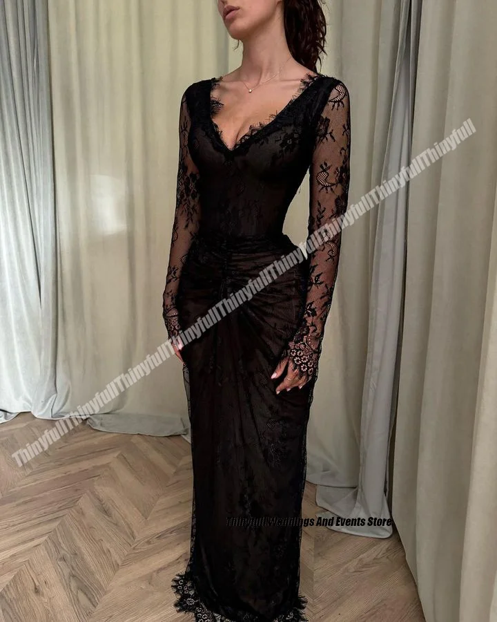 Thinyfull Mermaid Lace Evening Party Dress V-Neck Full Sleeves Black Prom Dresses Long Formal Occasion Gowns Customized image 4