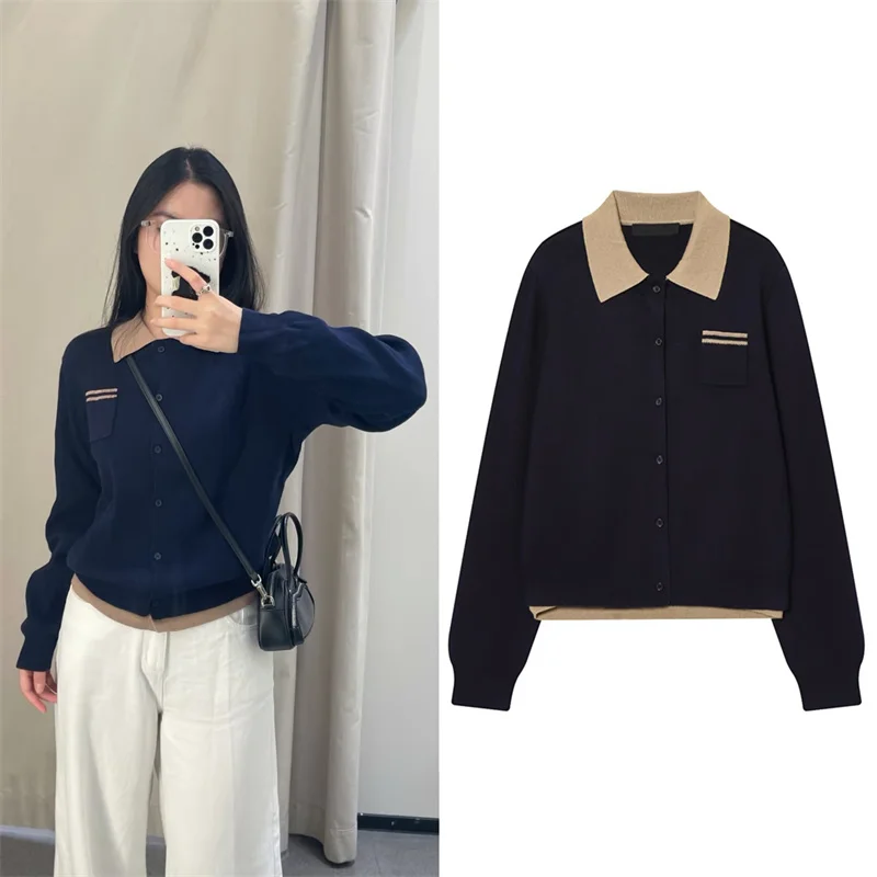 

Женская куртка, осень 2024, новый стиль, темно-синий и желтый цветной блок, однобортная простая вязаная рубашка-поло, куртка, повседневная мода