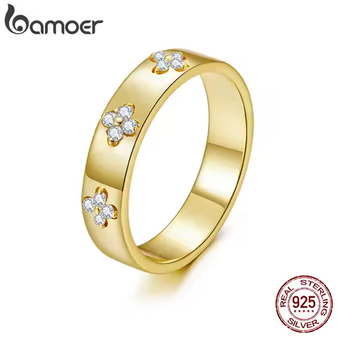 BAMOER 925 Sterling Silver Lucky Clover Moissanite Ring, Gold Plated D Color Round Cut Wide Band Ring for Women Wedding Gift