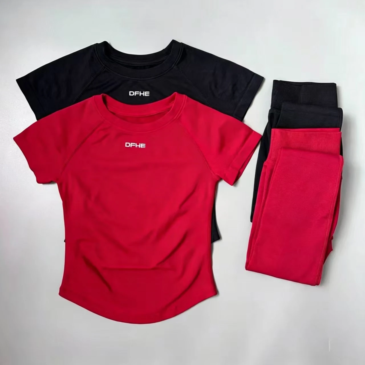 DFHE Slim Fitness Tracksuit, Seamless Short Sleeve Yoga Top, High Elastic Running Pants, Daily Outdoor Sportswear