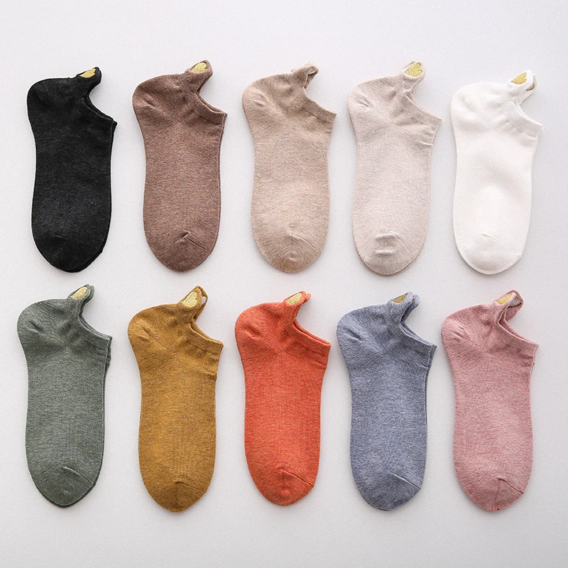 10 Paare/los frauen Baumwolle Socken Niedrigen Rohr Solide Gold Seide Stickerei Herz Krone Druck Kawaii Weiß Harajuku Kurze Socken – Detail 2