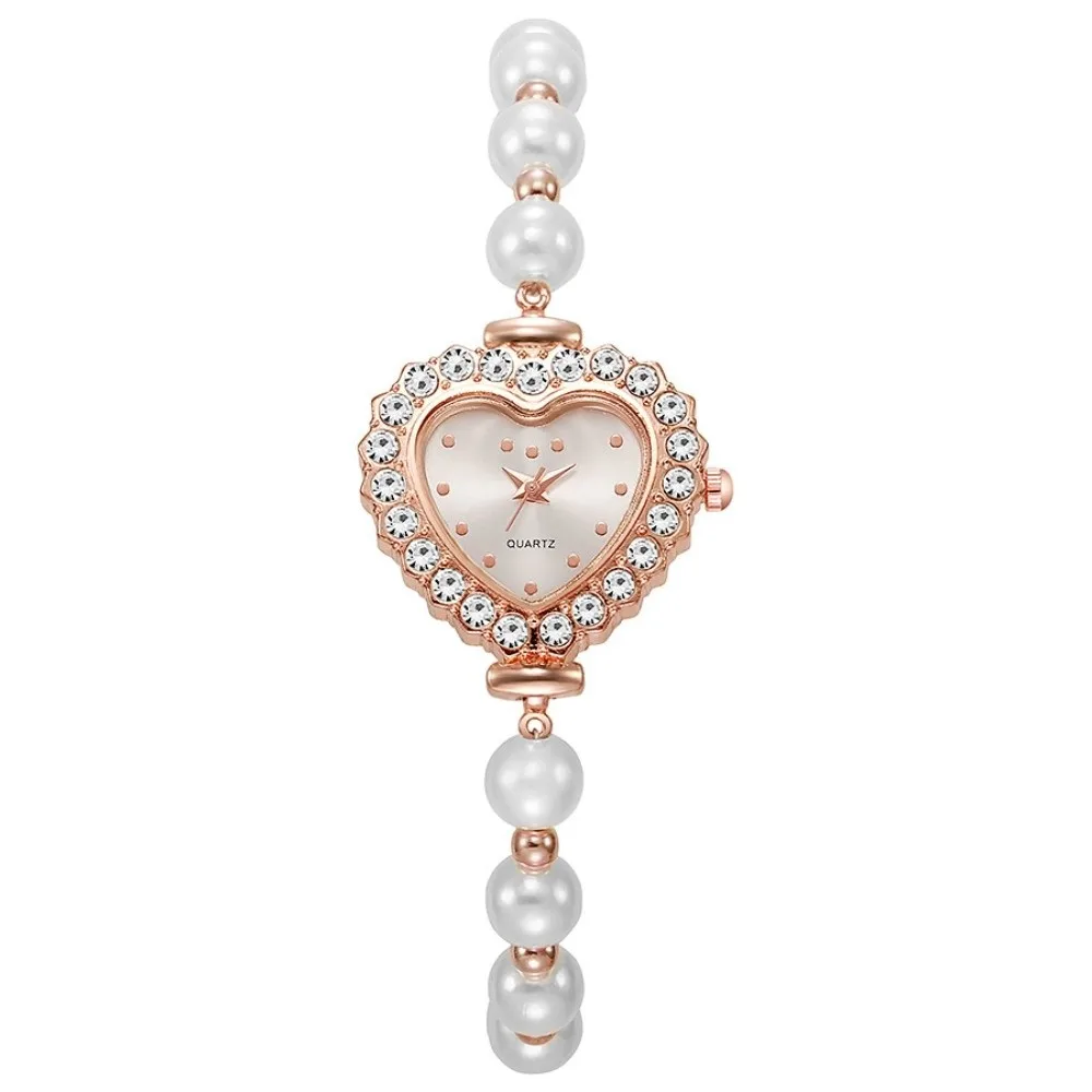 Heart-Shaped Dial Pearl Bracelet Watch Rhinestone Leather Strap Ladies Quartz Watch Elastic Band Simple