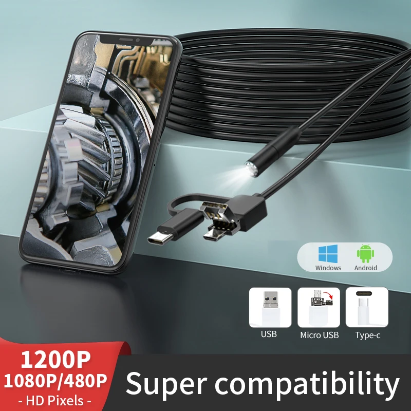 

3 в 1 HD эндоскопическая камера, мини-камера 5,5/8 мм, IP67, водонепроницаемая, для проверки трубопровода, автомобильный ремонт, эндоскоп для ПК на базе Android